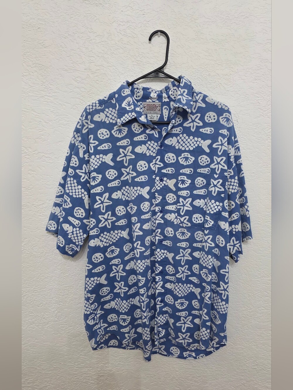 Blue Tropical Print Short Sleeve Shirt Casual Resort Style XL RIPS ON COLLAR